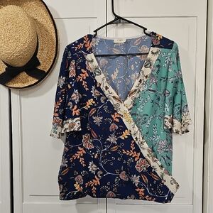 Umgee Floral V-Neck Blouse - Navy and Teal